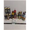 Image 1 : Cans of Assorted Motor Oils & Some Empty Tins, Texaco Metal Rain Gauge - PICK UP ONLY