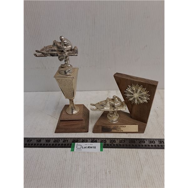 (2) Wooden Base Snowmobile Trophies