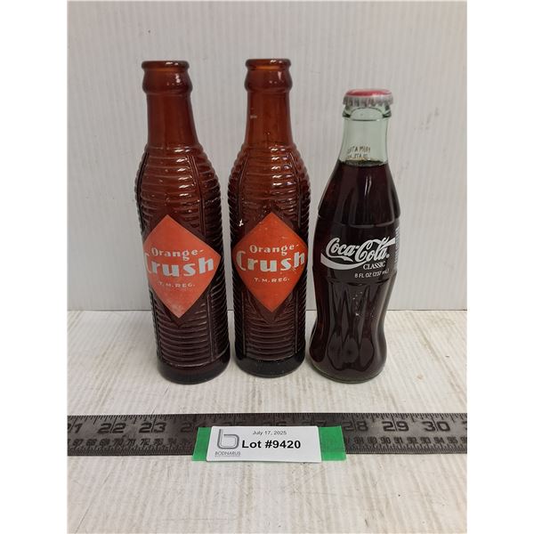 (2) Vintage Orange Crush 7 oz Glass Bottles, Unopen 8 oz Glass "Olympic" Coke Bottle - Pickup Only