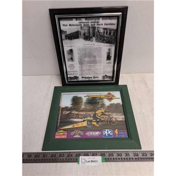 (2) Framed "Motorcycle Themed" Wall Art - Largest 12.5" x 10.5"