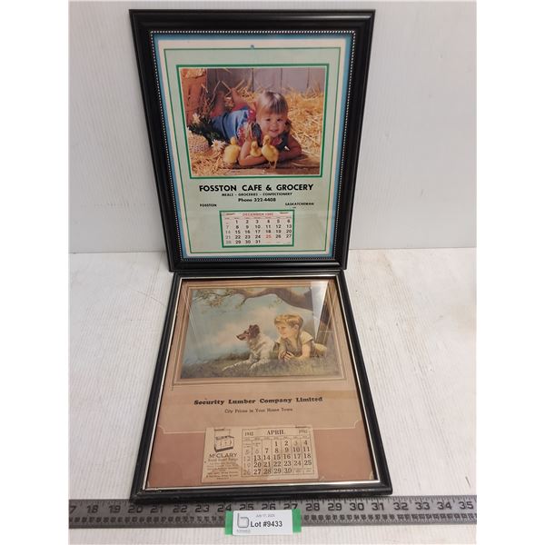 (2) Framed Calendar Pictures (April 1942, December 1980) - Largest 16" x 13"