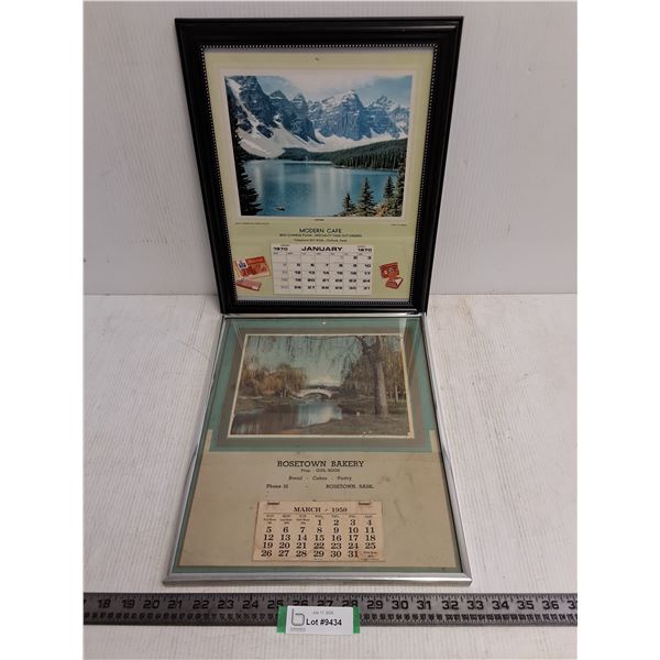 (2) Vintage Framed Calendar Pictures (March 1950, January 1970) - Largest 13" x 16"