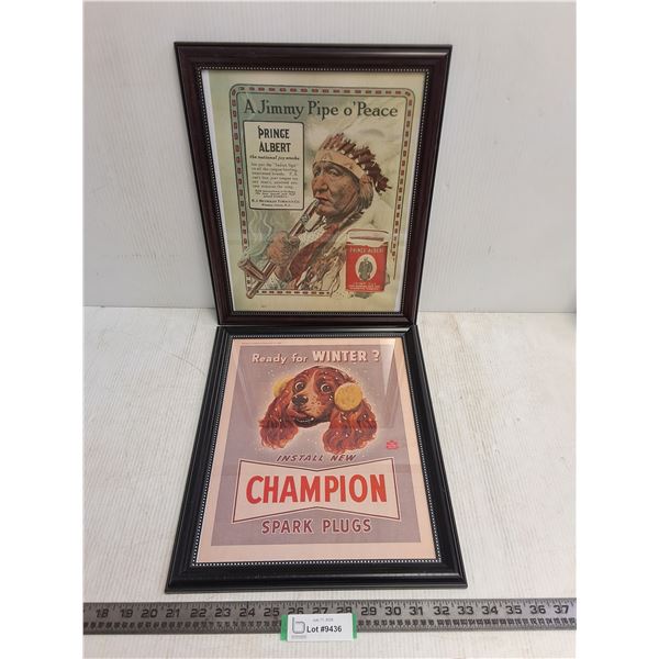 (2) Framed Vintage Advertisements (Champion Spark Plugs & Prince Albert Tobacco) - Both 13" x 16"