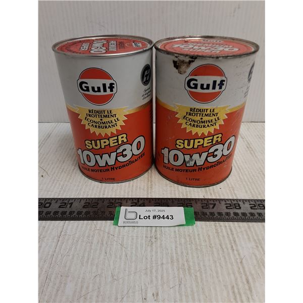 (2) Gulf Motor Oil Tins - 1 Full, 1 Empty - Pickup Only