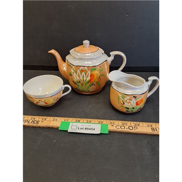 Vintage Porcelain Flower Teapot & Creamer & Tea Cup Set