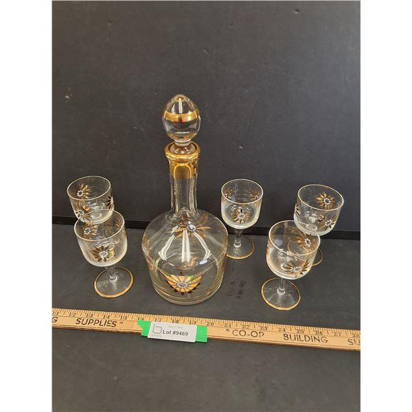 MCM Decanter Set- Sunflower Pattern- 5 Glasses
