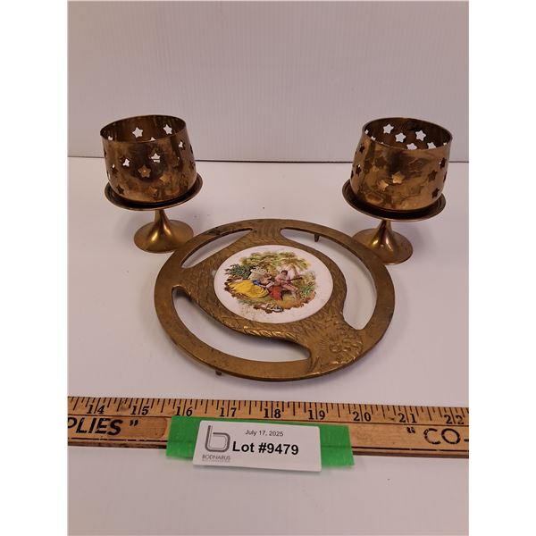 Brass Plated Trivet and (2) Brass Votive Holders