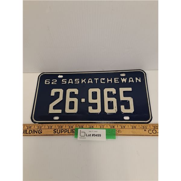 Saskatchewan License Plate - 1962
