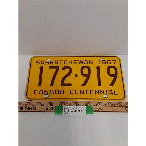Saskatchewan License Plate - 1967 - Canada Centennial Plate