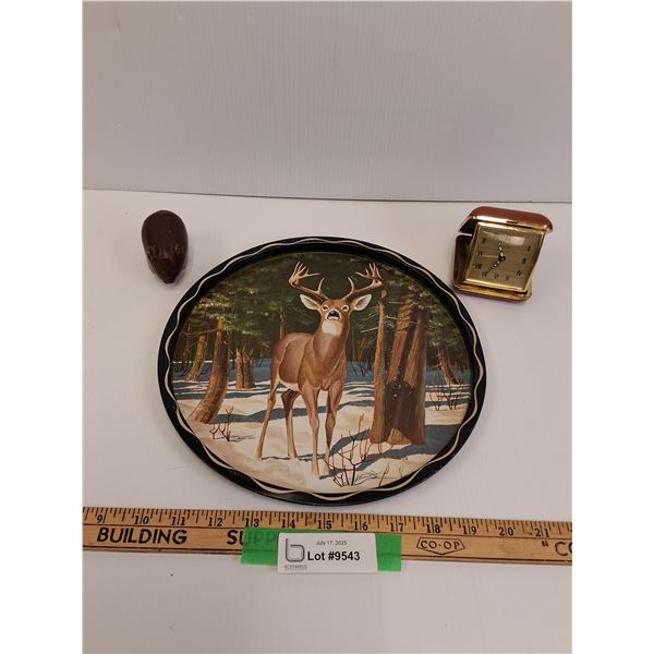 Vintage Traveling Clock - Works, Hand Crafted Pig "Patagonia" Stamp, Deer Metal Collector Plate