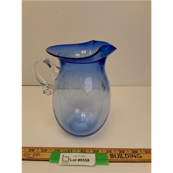 Studio Blue Art Glass Pitcher, Signed by Artist- 7.5" Tall