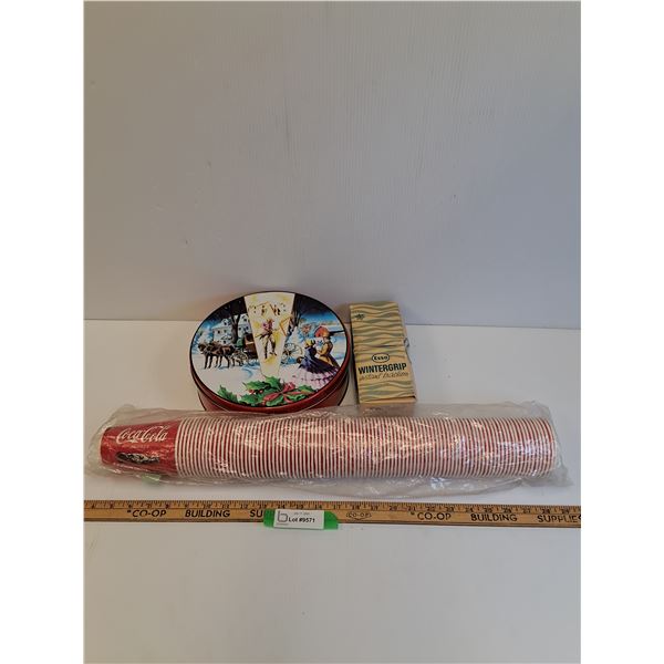 Sleeve Of Coca Cola Paper Cups, Esso Winter Traction (Has Contents) & Collin St. Bakery Collectors T