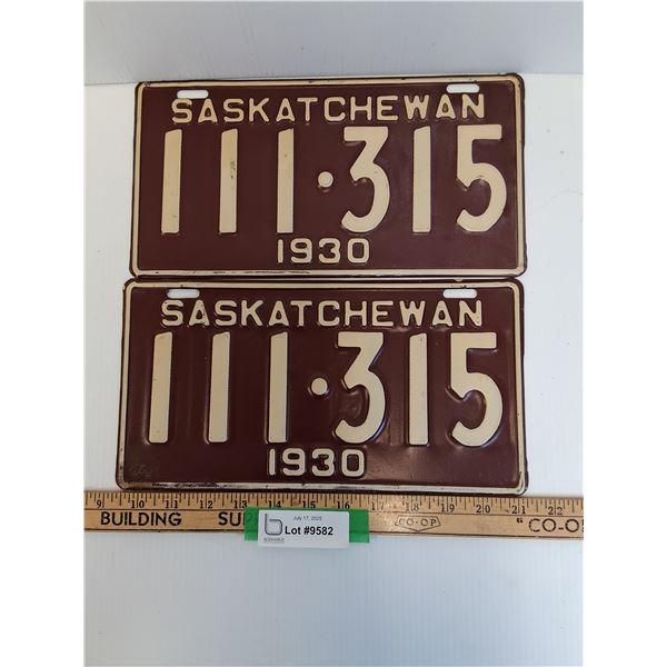 Saskatchewan License Plate - 1930 Pair of Matching Plates