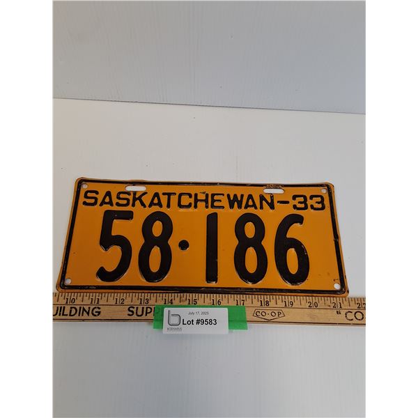 Saskatchewan License Plate - 1933