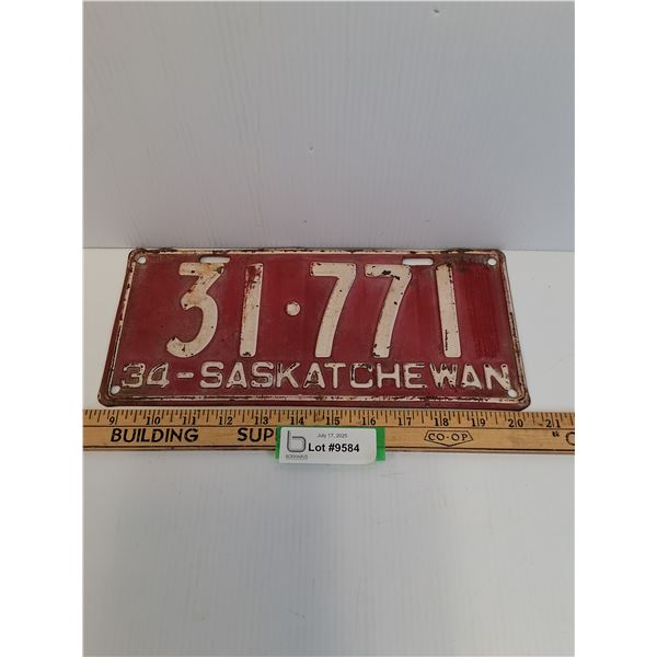 Saskatchewan License Plate - 1934