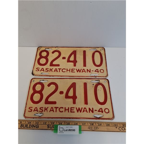 Saskatchewan License Plate - 1940 Matching Pair of Plates