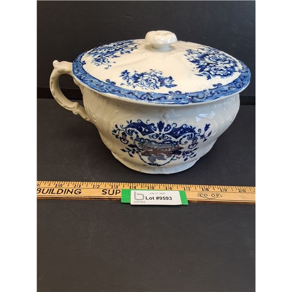 Blue Rouen Pattern Antique Chamber Pot w/Lid - 11" x 7"