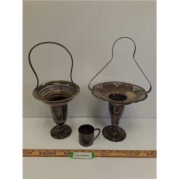 (2) Silver Plated Bride's Basket Vases & Engraved "Baby" Silver Plated Cup