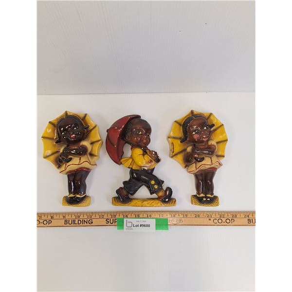 (3) Chalkware Black Americana Wall Decor "Rainy Days" - Some Wear as Pictured 8" x 5"