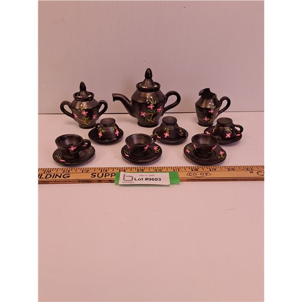 Asian Inspired Pottery Miniature Tea Set(Somem Wear): Tea Pot, (6) Tea Cups, Sugar & Creamer Set