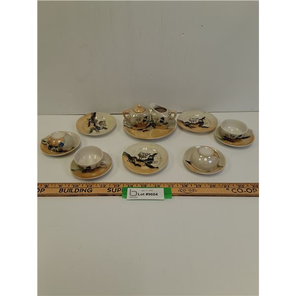 Asian Inspired Pottery Miniature Tea Set(Some Wear): (4) Tea Cups, Sugar & Creamer Set