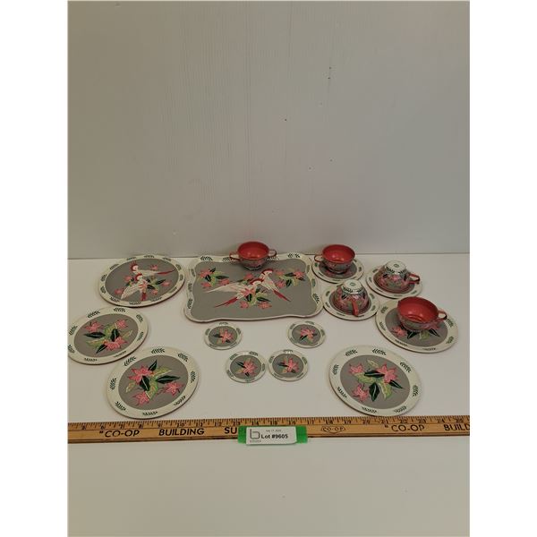 The Ohio Art Enamel Miniature Tea & Serving Set: Serving Tray, Tea Cups, Saucers, Misc