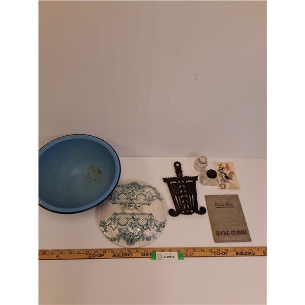 Cast Iron Trivet, Enamel Wash Basin, (2) Ink Pots, Ration Book, Misc