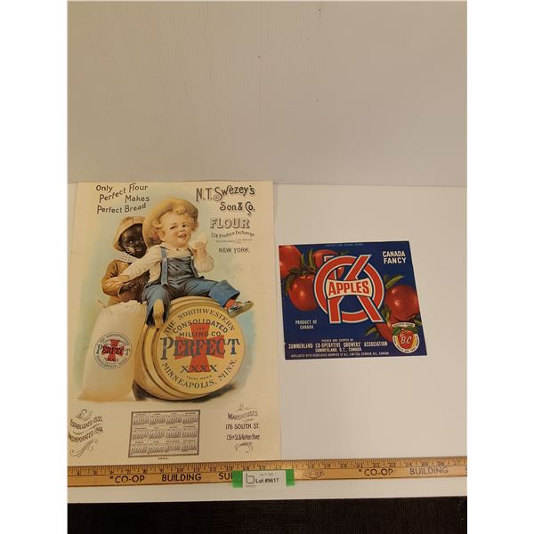Black Americana Flour Advertisement Print - 14" x 20" & OK Apples Crate Advertisement - 9.5" x 9.5"