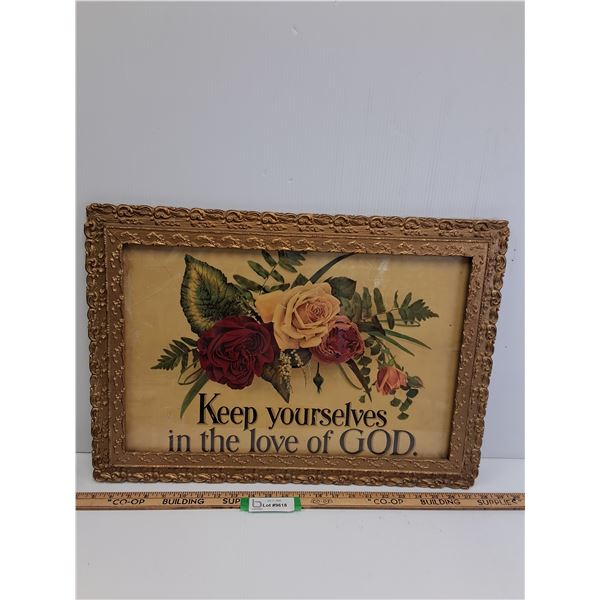 Vintage Style Frame w/Religous Quote - Some Wear, as Pictured - 23.5" x 16.5"