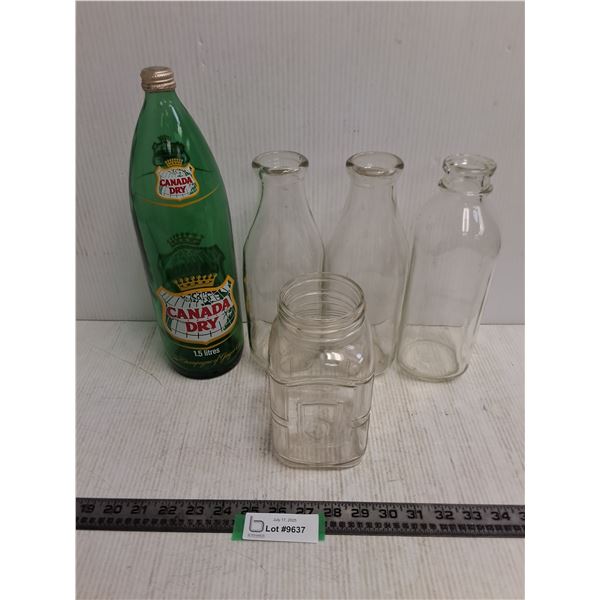 (5) Glass Bottles (Vintage Milk, Canada Dry 1.5L)