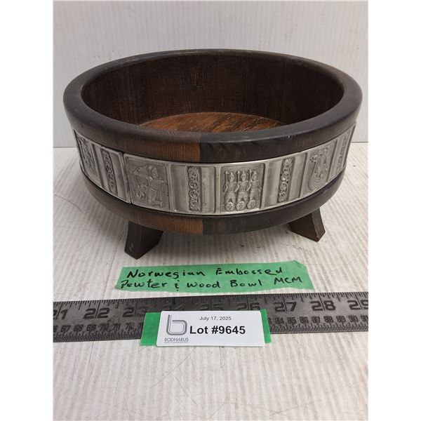 Norwegian Made "Viking Themed" Pewter & Wood Bowl - 9.25" Dia