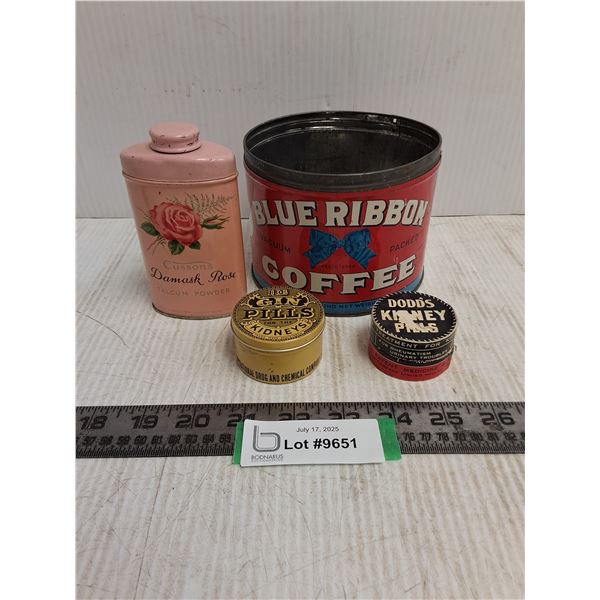 (4) Vintage Tins (Blue Ribbon, Cussons, Dodd's, BDC)