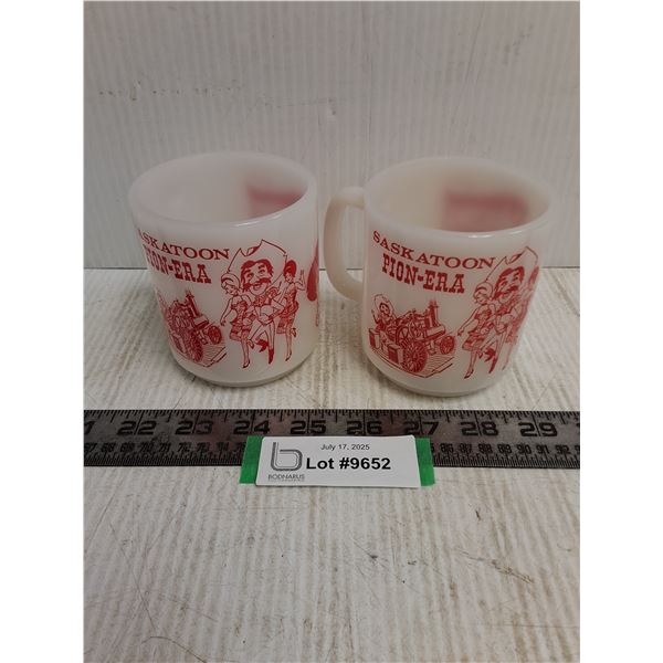 Vintage Pair of Milk Glass "Saskatoon Pion-Era" Coffee Mugs