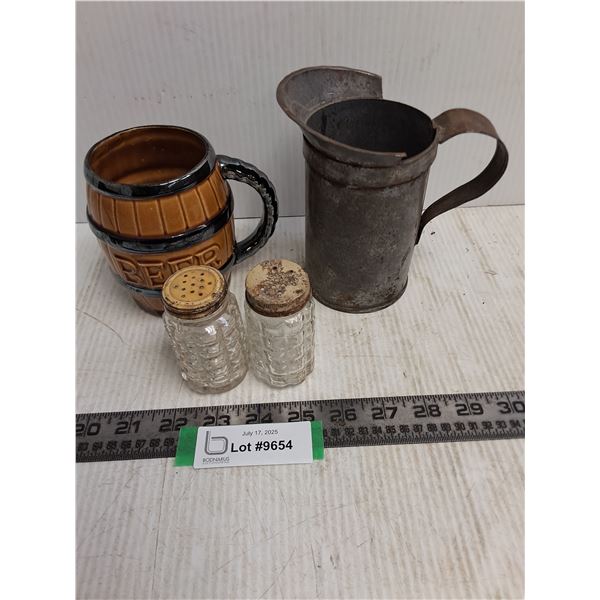 Ceramic Beer Stein, Vintage Metal Pitcher & Glass Spice Shakers