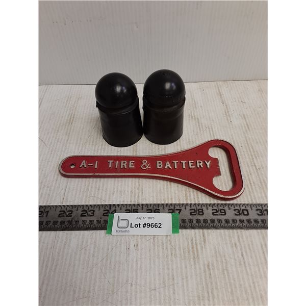 Vintage "A1 Tire & Battery" Metal Bottle Opener, Pair of Continental Rubber Insulators