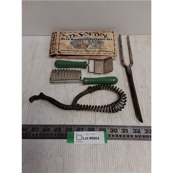 Vintage Cast Iron "Alaska" Stove Plate Lid Lifter, Antique Hair Curler, Vintage "Handy" Garnish Set