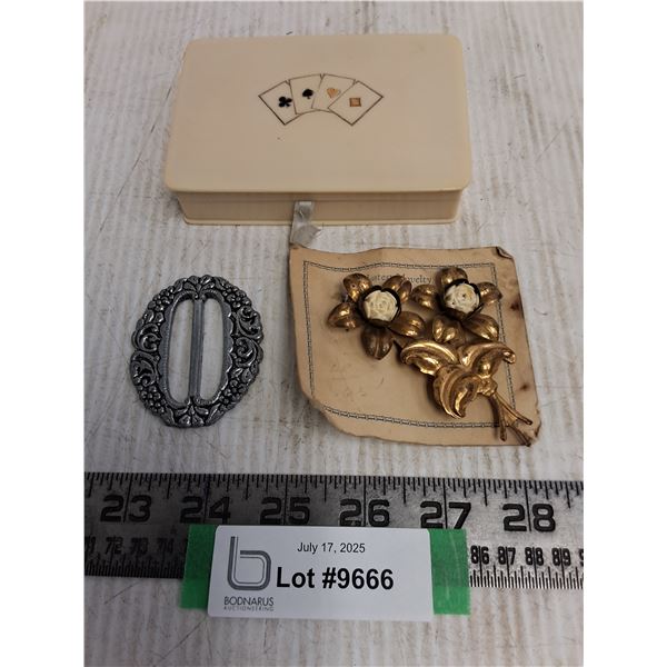 Vintage Brooch, Belt Buckle, French Ivory Playing Card Holder with Deck
