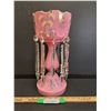 Image 1 : # Antique Mantle Pink Glass Handpainted Lustre (Missing One Crystal, As Pictured) - 14" x 7"
