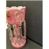 Image 2 : # Antique Mantle Pink Glass Handpainted Lustre (Missing One Crystal, As Pictured) - 14" x 7"