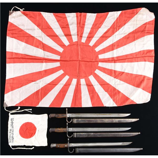 3 JAPANESE BAYONETS AND 2 FLAGS