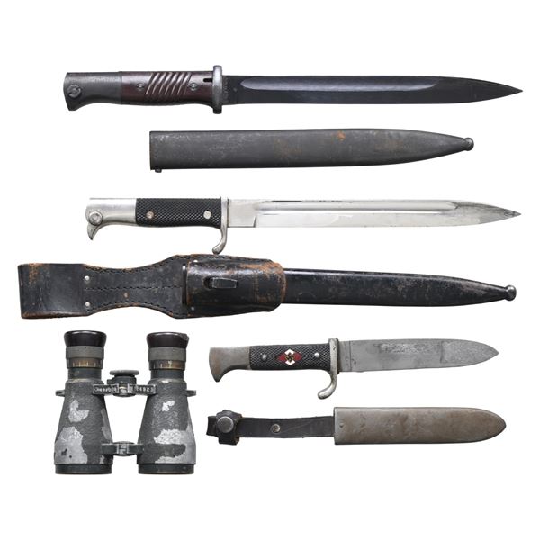2 WWII GERMAN BAYONETS, HJ KNIFE AND BINOCULARS