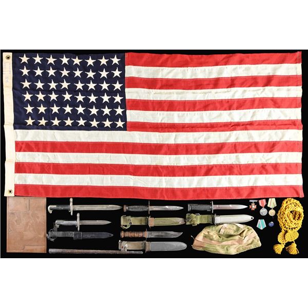 4 US BAYONETS, 1 FIGHTING KNIFE, FLAG AND MORE.