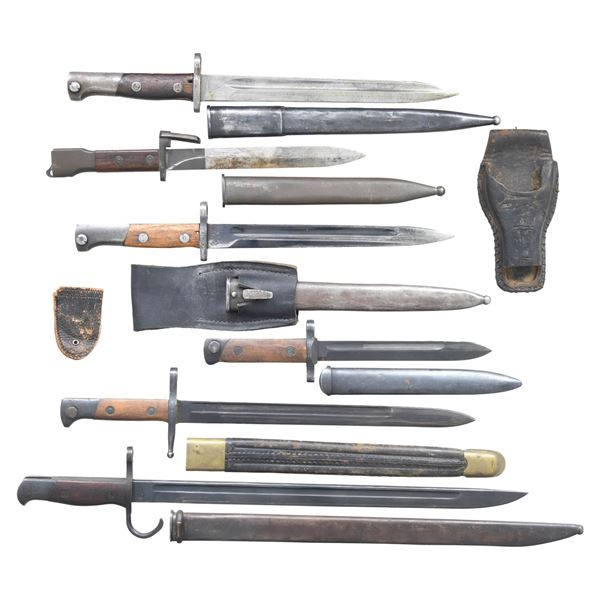GROUPING OF SIX BAYONETS AND ONE LEATHER FROG.