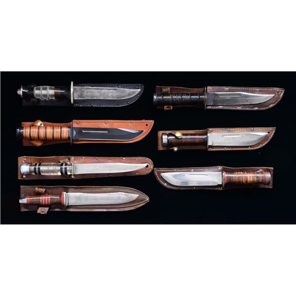 FINE GROUP OF 6 WW2 THEATER MADE FIGHTING KNIVES.