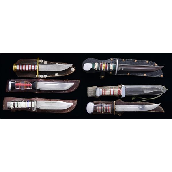 FINE GROUP OF 6 WW2 THEATER MADE FIGHTING KNIVES.