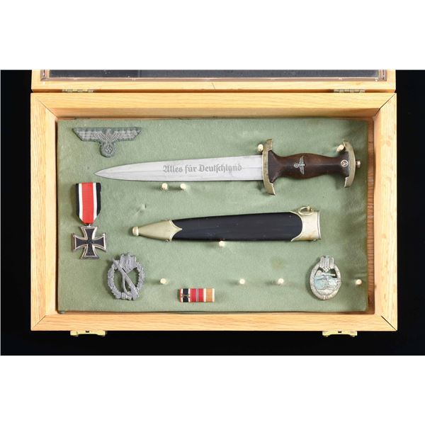 WWII GERMAN NSKK DAGGER WITH BADGES, A MEDAL, AND
