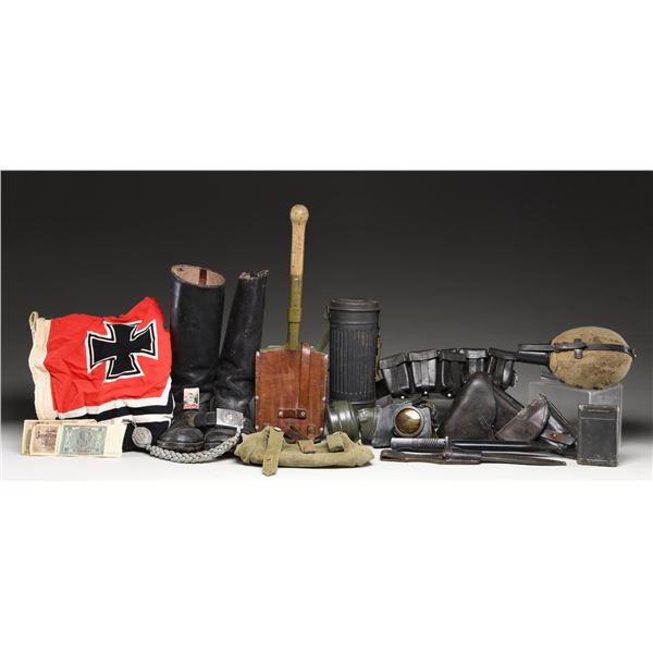 WWII GERMAN FIELD GEAR, CLOTHING, A FLAG, AND
