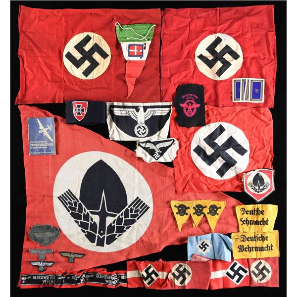 WWII GERMAN ARM BANDS, FLAGS, CLOTH INSIGNIA, AND