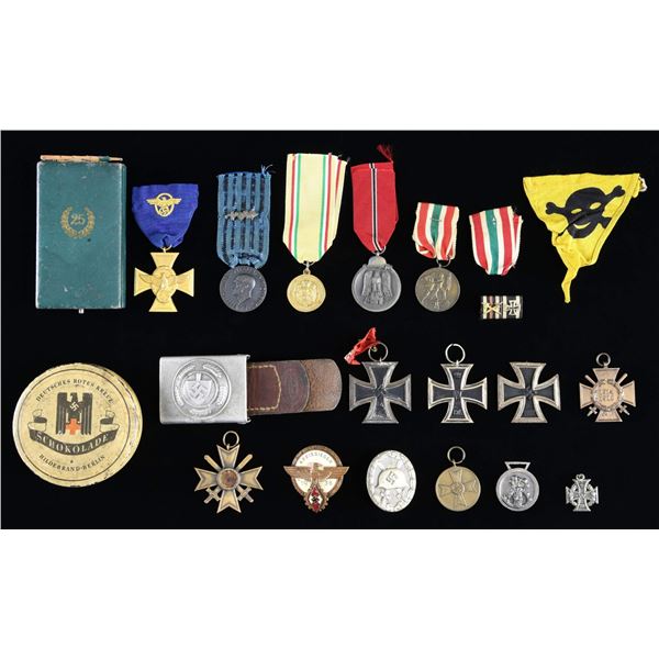 WWII GERMAN MEDALS, INSIGNIA, BELT BUCKLE, AND
