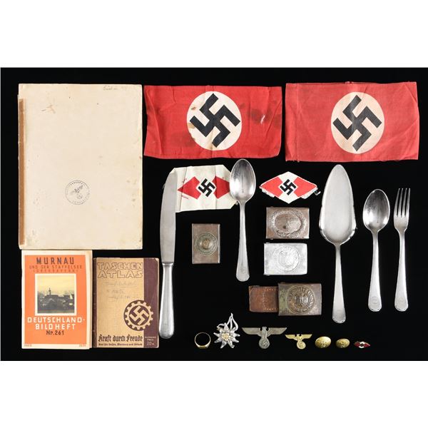 WWII GERMAN FLATWARE, BELT BUCKLES, ARMBANDS,